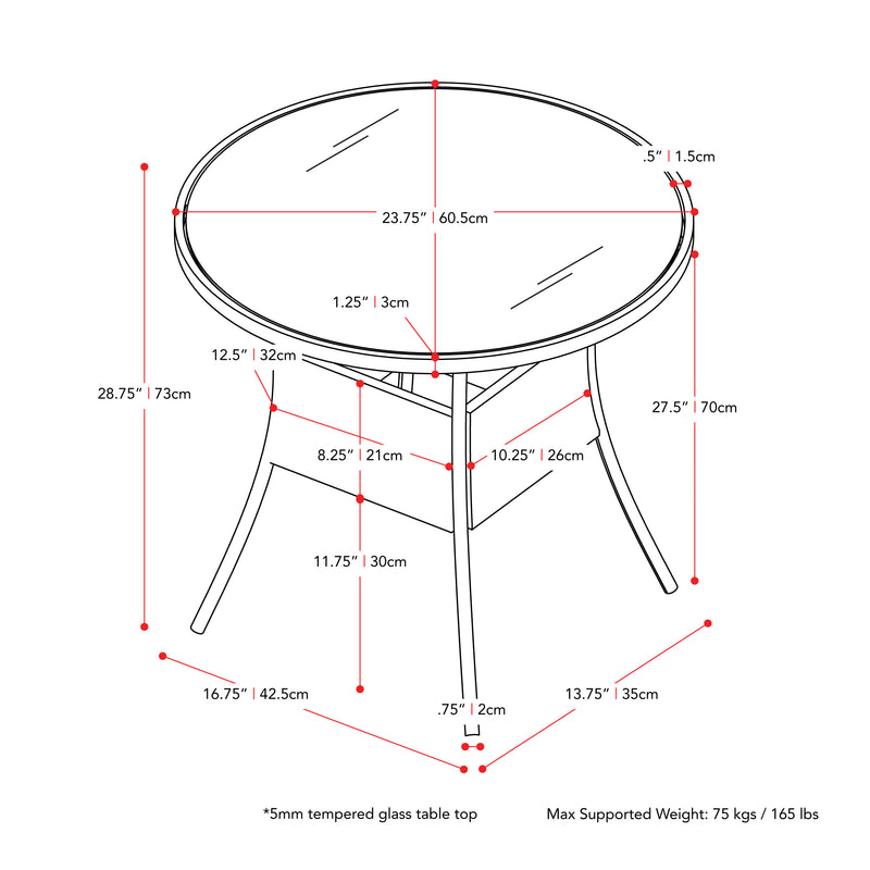 black weave Bistro Table Parksville Collection measurements diagram by CorLiving