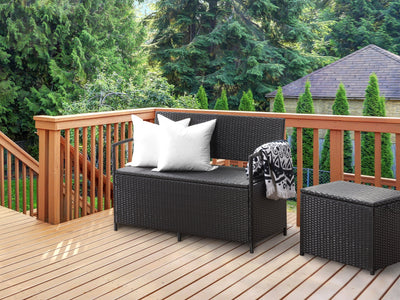 black weave Outdoor Bench with Storage Parksville Collection lifestyle scene by CorLiving#color_textured-black-weave