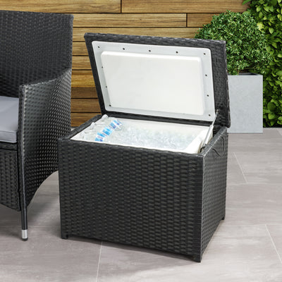 black weave Outdoor Cooler Table Parksville Collection lifestyle scene by CorLiving#color_textured-black-weave
