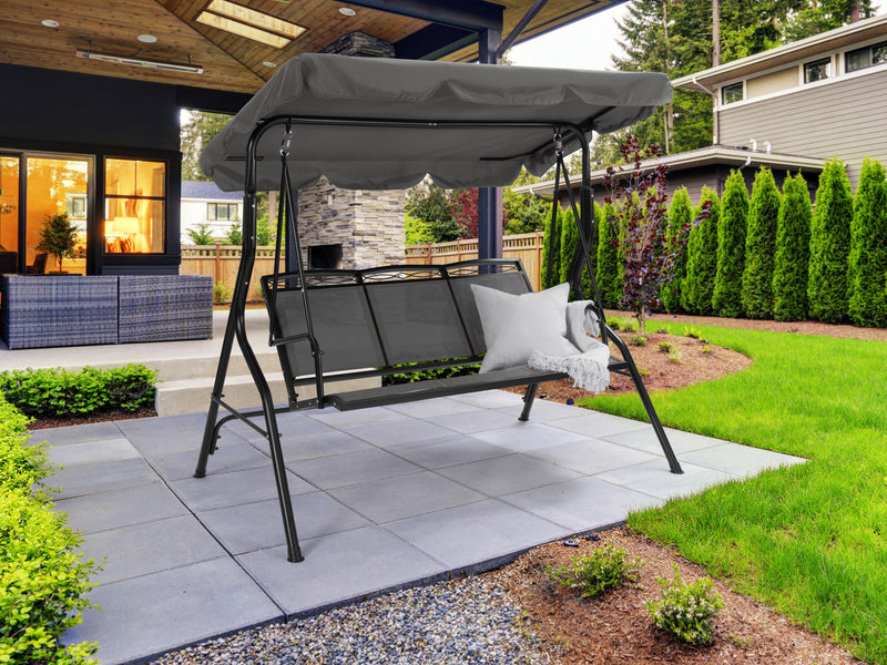 grey Patio Swing With Canopy Veda Collection lifestyle scene by CorLiving