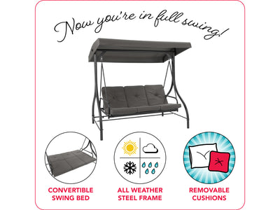 grey Patio Swing With Canopy, Convertible Elia Collection infographic by CorLiving#color_grey