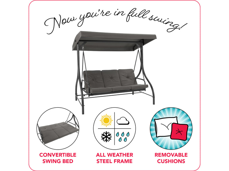 grey Patio Swing With Canopy, Convertible Elia Collection infographic by CorLiving