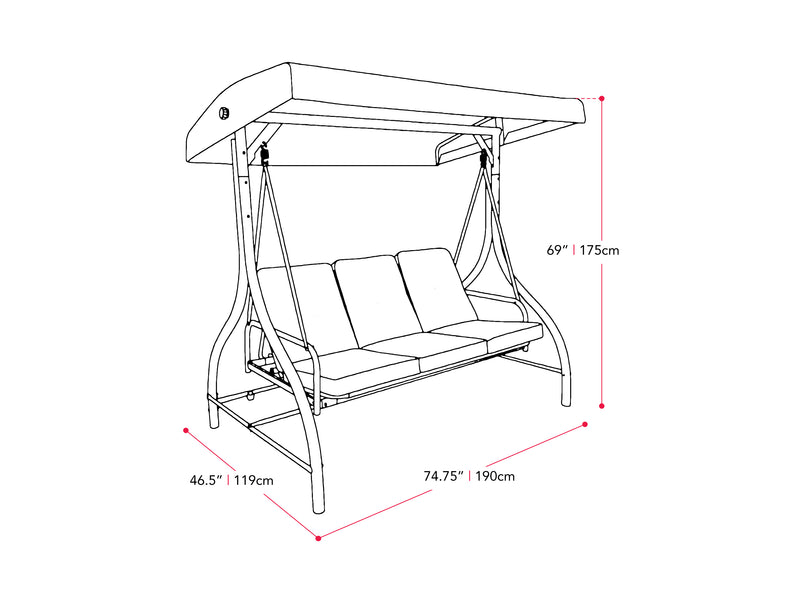 navy blue Patio Swing With Canopy, Convertible Elia Collection measurements diagram by CorLiving