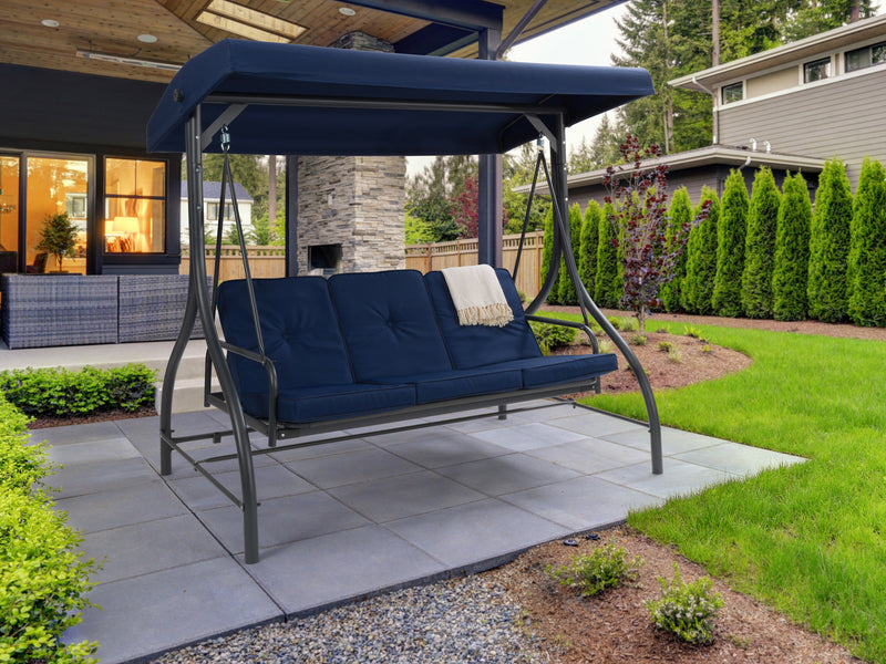 navy blue Patio Swing With Canopy, Convertible Elia Collection lifestyle scene by CorLiving