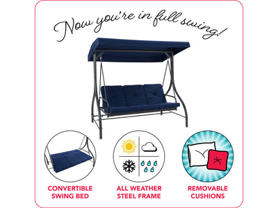 navy blue Patio Swing With Canopy, Convertible Elia Collection infographic by CorLiving#color_navy-blue