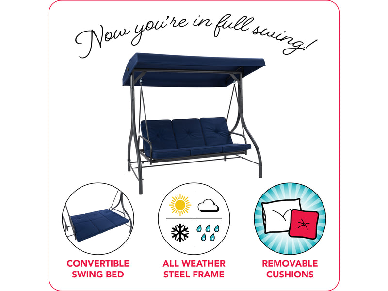 navy blue Patio Swing With Canopy, Convertible Elia Collection infographic by CorLiving