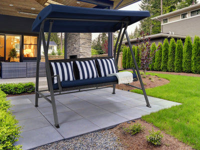 navy blue Patio Swing With Canopy Flora Collection lifestyle scene by CorLiving#color_navy-blue
