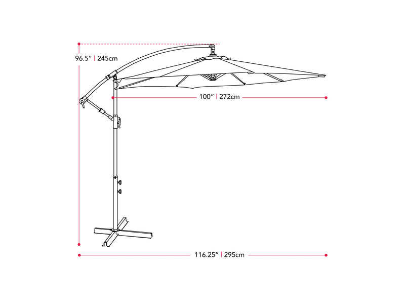 grey cantilever patio umbrella, tilting Persist Collection measurements diagram CorLiving