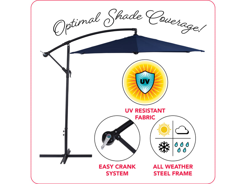 navy blue cantilever patio umbrella, tilting Persist Collection infographic CorLiving