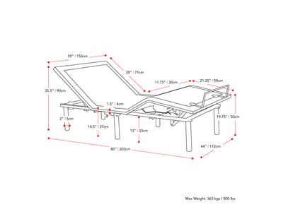 Electric Adjustable Bed Frame, Queen measurements diagram by CorLiving