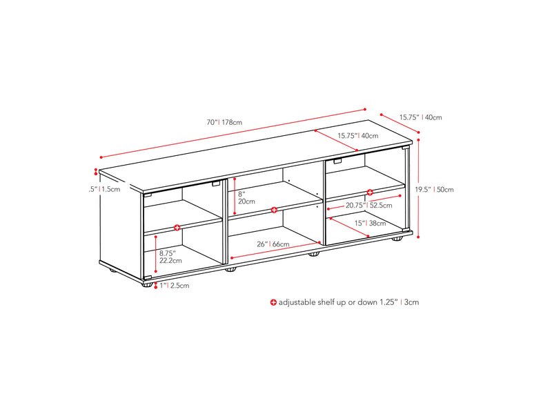 black TV Stand with Glass Doors for TVs up to 85" Fiji Collection measurements diagram by CorLiving