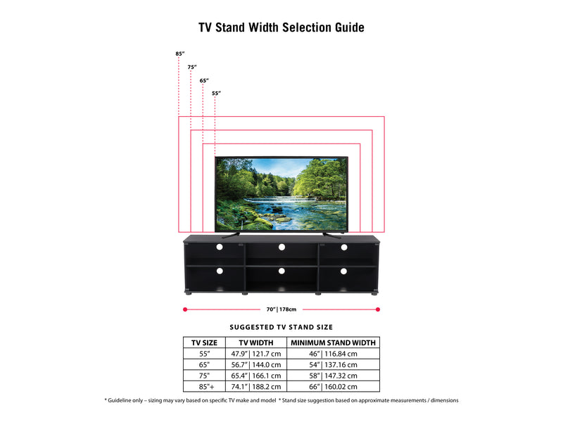 black TV Stand with Glass Doors for TVs up to 85" Fiji Collection infographic by CorLiving