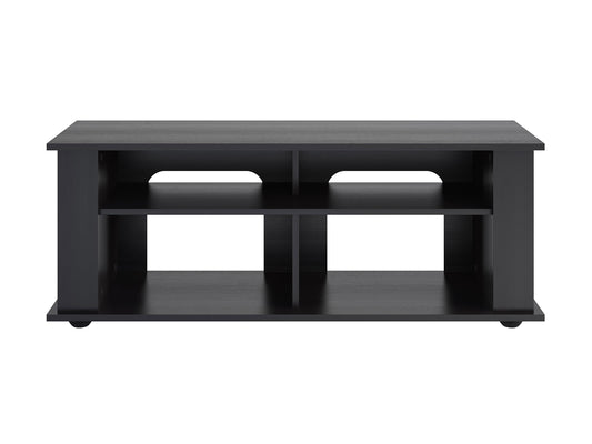 Black wood TV stand with sleek finish, open shelving, and two cabinet doors, designed for TVs up to 55 inches. Modern, minimalist design with ample storage space for electronics and accessories.