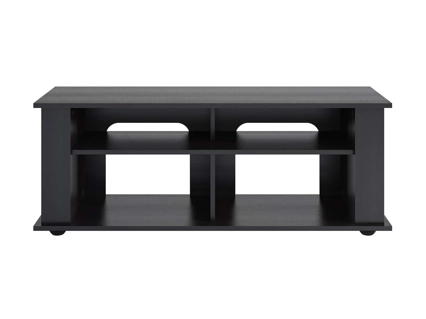 Black wood TV stand with sleek finish, open shelving, and two cabinet doors, designed for TVs up to 55 inches. Modern, minimalist design with ample storage space for electronics and accessories.
