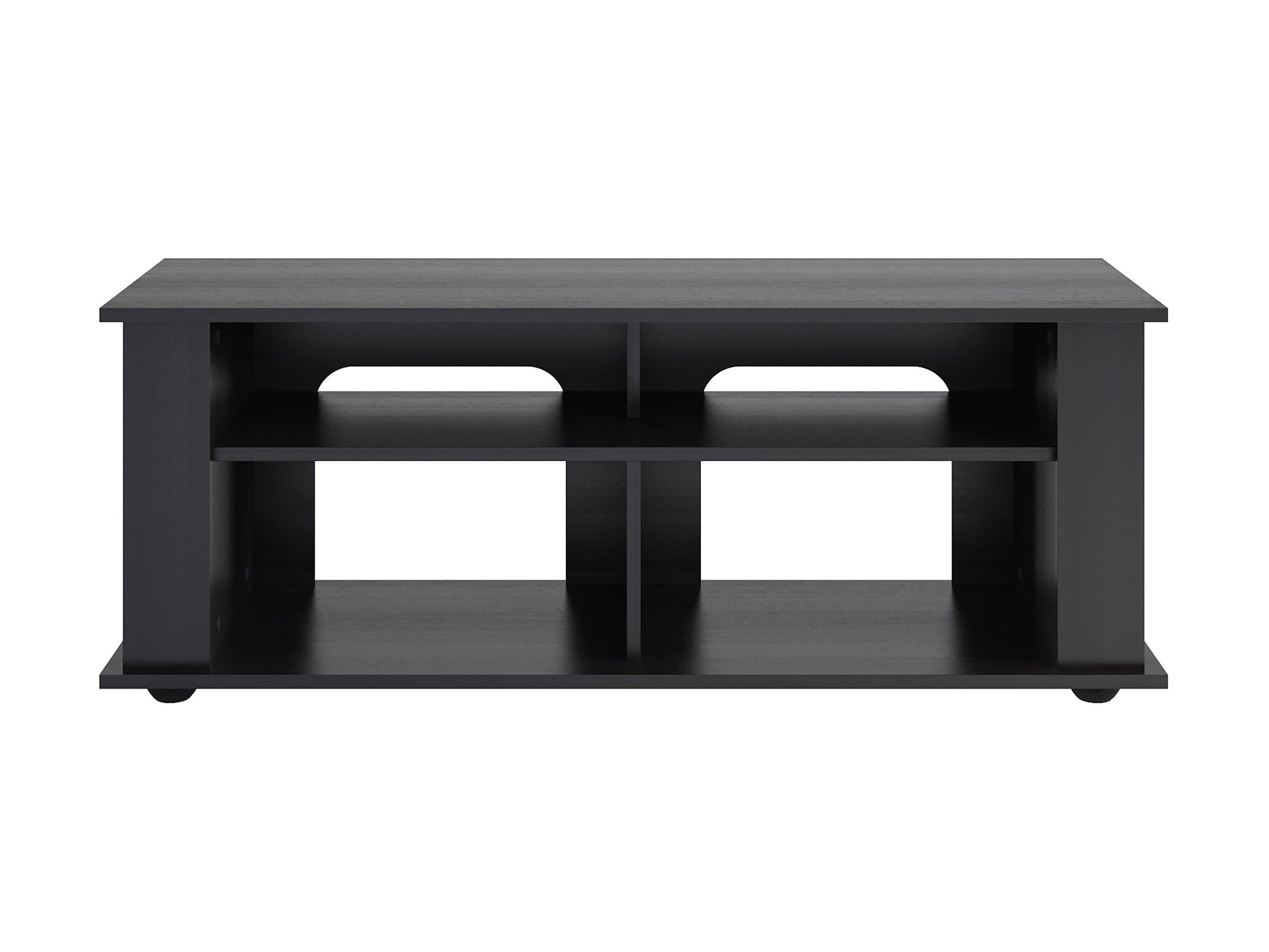 Black wood TV stand with sleek finish, open shelving, and two cabinet doors, designed for TVs up to 55 inches. Modern, minimalist design with ample storage space for electronics and accessories.