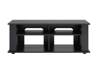 Black wood TV stand with sleek finish, open shelving, and two cabinet doors, designed for TVs up to 55 inches. Modern, minimalist design with ample storage space for electronics and accessories.