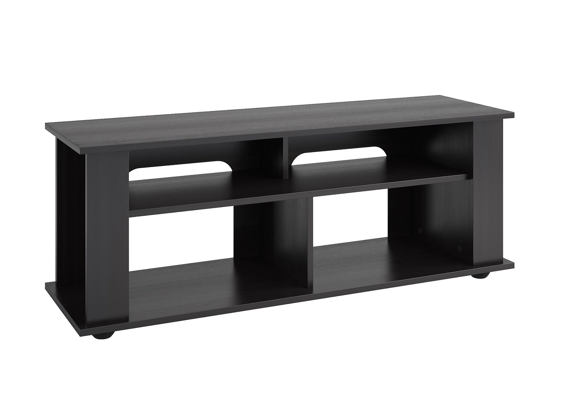 Black wood TV stand for TVs up to 55 inches, featuring a sleek modern design with open shelving, two cabinets for storage, and a smooth matte finish.