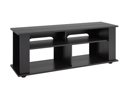 Black wood TV stand for TVs up to 55 inches, featuring a sleek modern design with open shelving, two cabinets for storage, and a smooth matte finish.