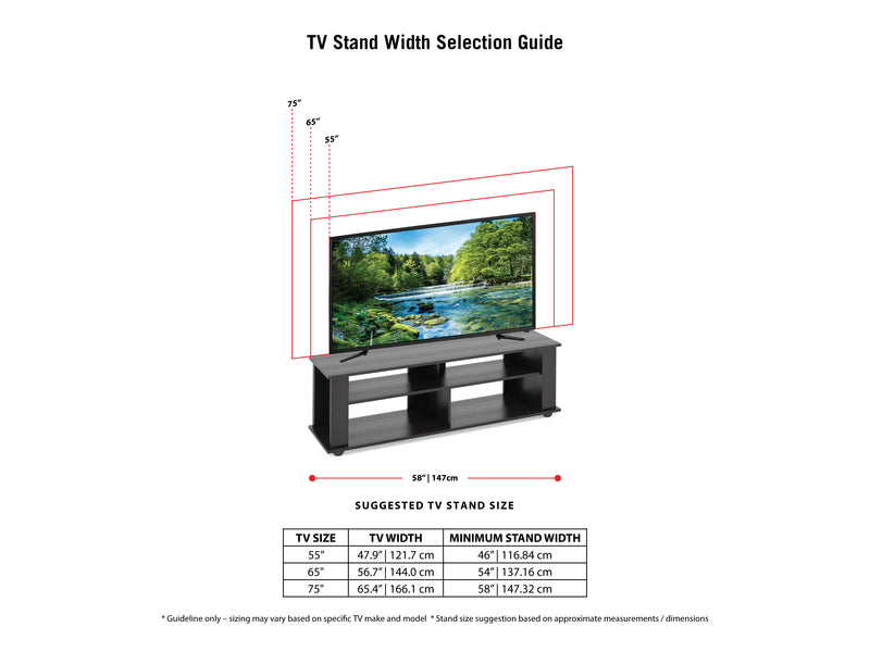black Wood TV Stand for TVs up to 75" Bakersfield Collection infographic by CorLiving