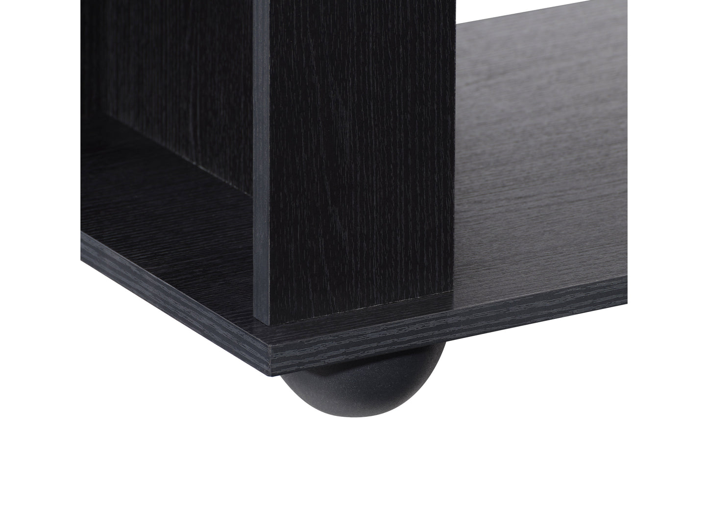 Modern TV stand with walnut finish, sleek black metal frame, and open shelving for media storage. Features cable management system and minimalist design, perfect for contemporary living rooms.