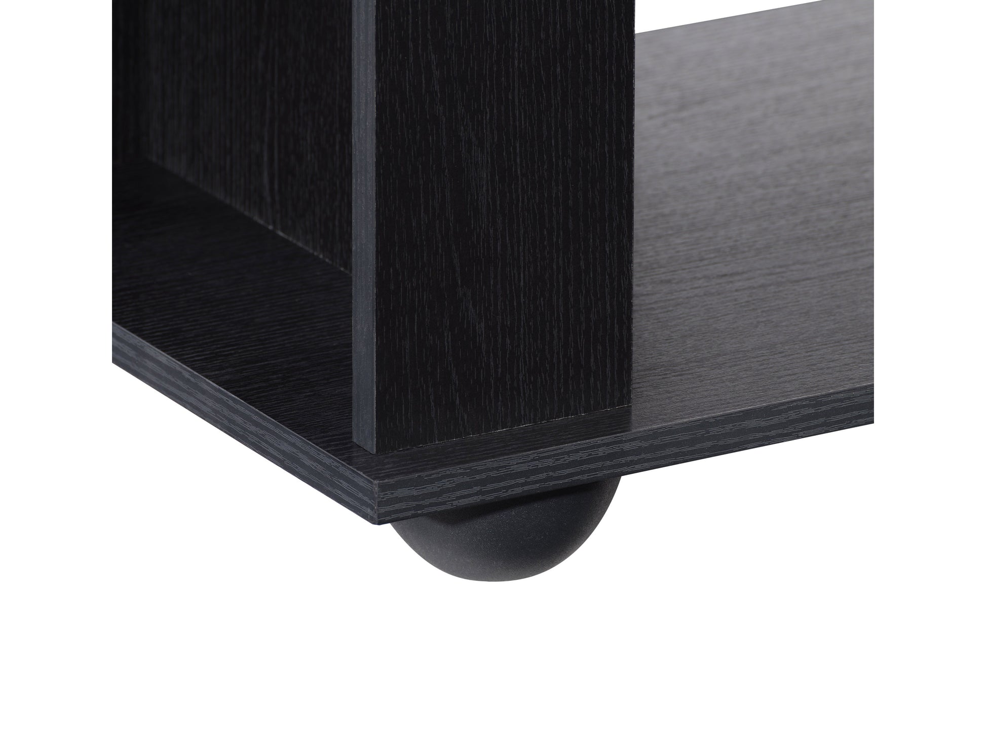 Modern TV stand with walnut finish, sleek black metal frame, and open shelving for media storage. Features cable management system and minimalist design, perfect for contemporary living rooms.