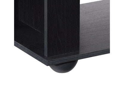 Modern TV stand with walnut finish, sleek black metal frame, and open shelving for media storage. Features cable management system and minimalist design, perfect for contemporary living rooms.
