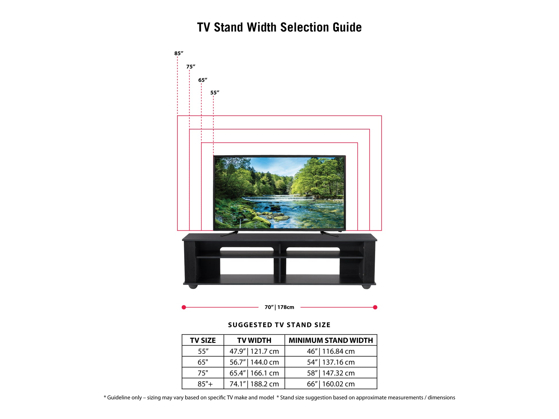 Modern TV stand with a sleek black frame, tempered glass shelves, and a wooden top. Features cable management system and open shelving for media devices. Ideal for contemporary living rooms.