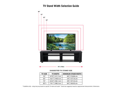 Modern TV stand with a sleek black frame, tempered glass shelves, and a wooden top. Features cable management system and open shelving for media devices. Ideal for contemporary living rooms.