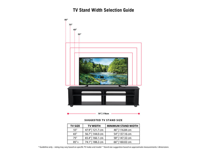 TV Stand Black for TVs up to 85" Bakersfield Collection infographic by CorLiving
