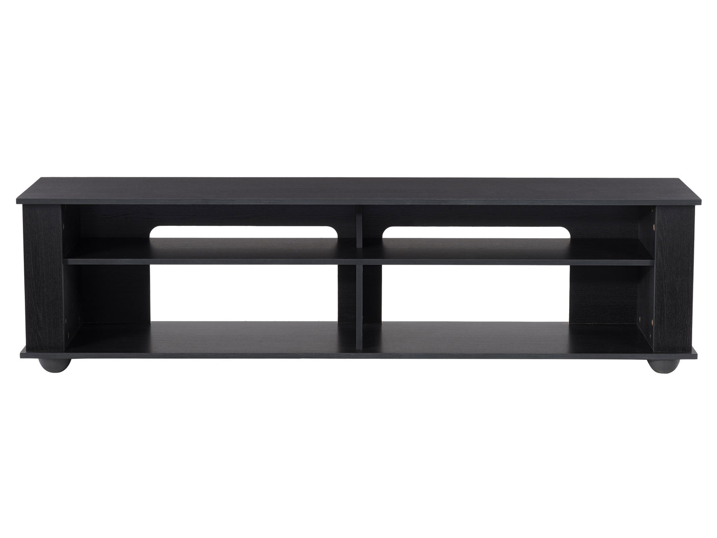 Modern wooden TV stand with two open shelves, two drawers, and a sleek black metal frame. The natural wood finish and minimalist design complement contemporary living rooms.