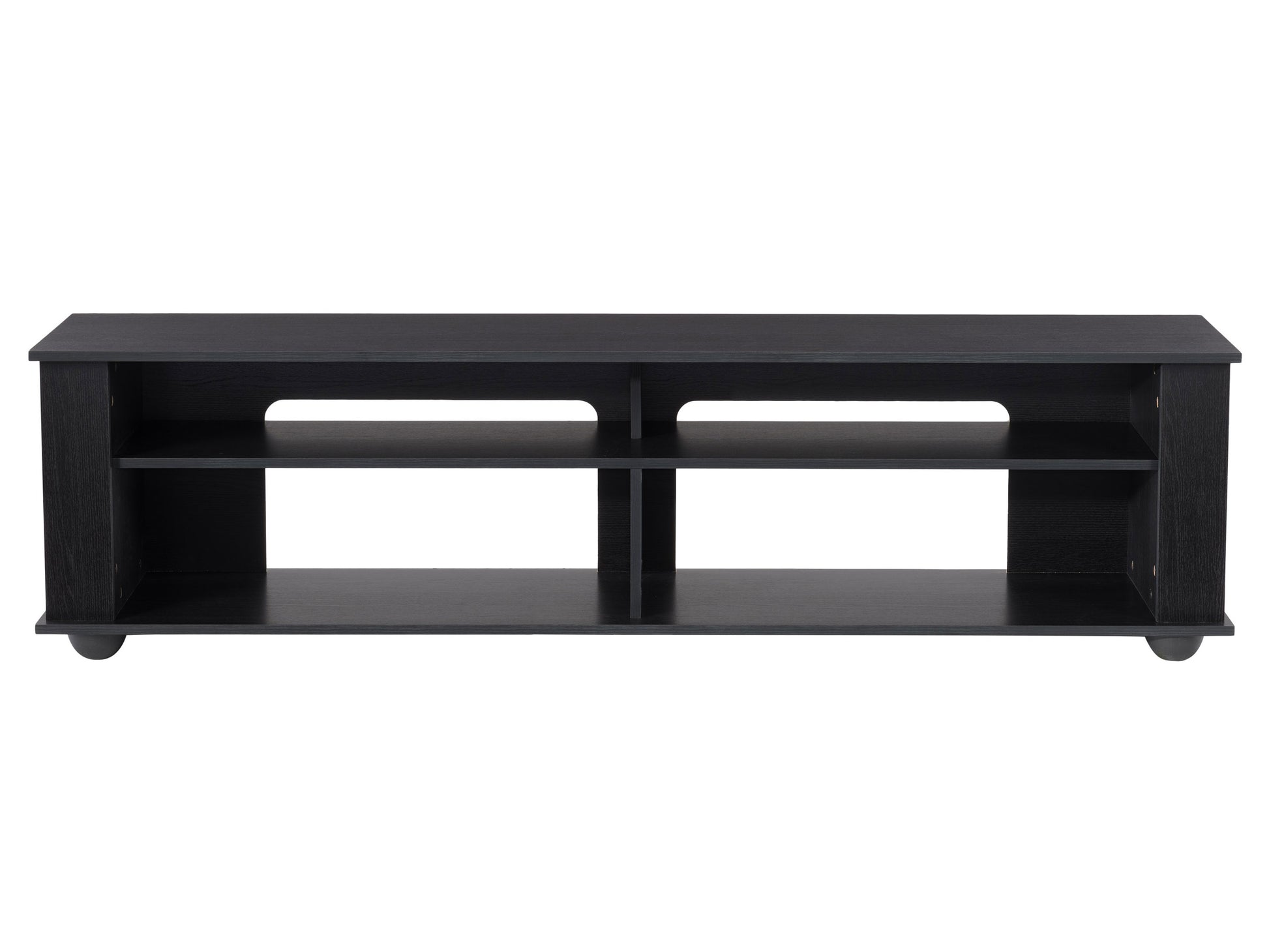 Modern wooden TV stand with two open shelves, two drawers, and a sleek black metal frame. The natural wood finish and minimalist design complement contemporary living rooms.