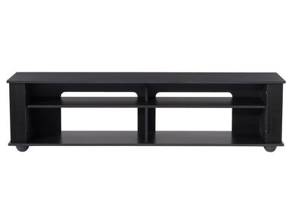 Modern wooden TV stand with two open shelves, two drawers, and a sleek black metal frame. The natural wood finish and minimalist design complement contemporary living rooms.