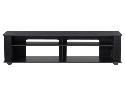 Modern wooden TV stand with two open shelves, two drawers, and a sleek black metal frame. The natural wood finish and minimalist design complement contemporary living rooms.