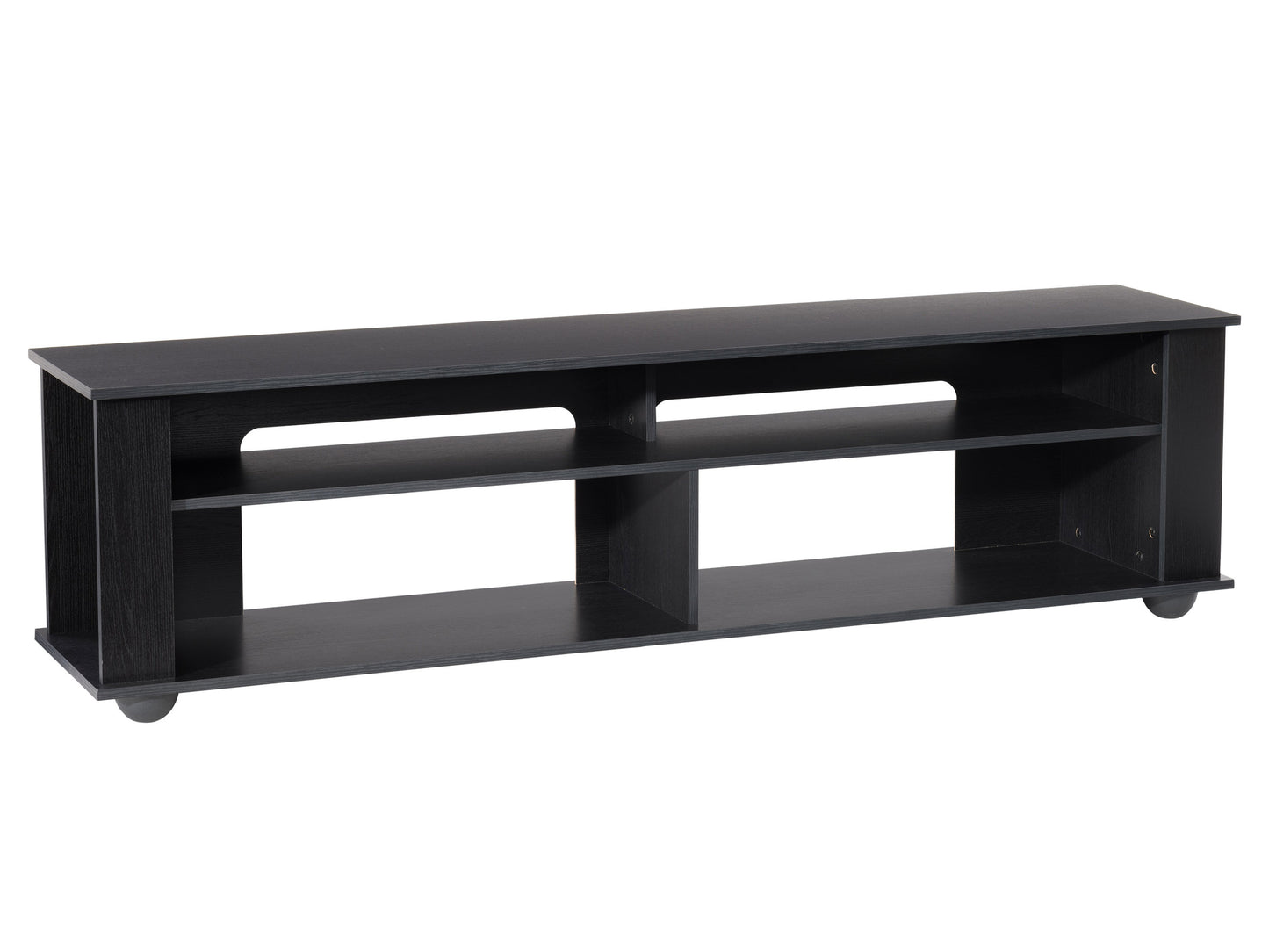 Black TV stand for TVs up to 85 inches, featuring sleek modern design, sturdy metal frame, tempered glass shelves, and cable management system. Ideal for living rooms or entertainment centers.