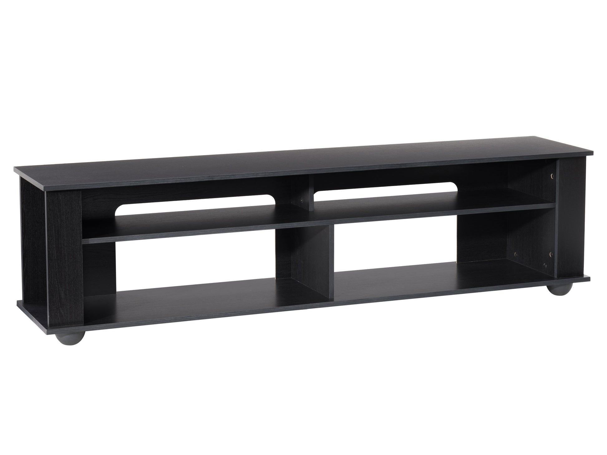 Black TV stand for TVs up to 85 inches, featuring sleek modern design, sturdy metal frame, tempered glass shelves, and cable management system. Ideal for living rooms or entertainment centers.