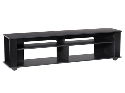 Black TV stand for TVs up to 85 inches, featuring sleek modern design, sturdy metal frame, tempered glass shelves, and cable management system. Ideal for living rooms or entertainment centers.