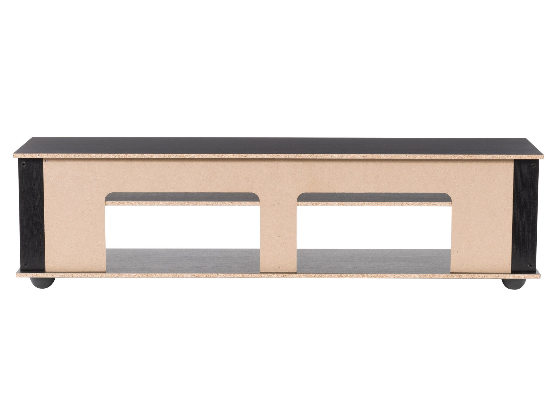 Black TV stand for TVs up to 85 inches, featuring a sleek design with a glossy finish, open shelving, and sturdy metal legs. Ideal for modern living rooms and home entertainment setups.