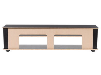 Black TV stand for TVs up to 85 inches, featuring a sleek design with a glossy finish, open shelving, and sturdy metal legs. Ideal for modern living rooms and home entertainment setups.