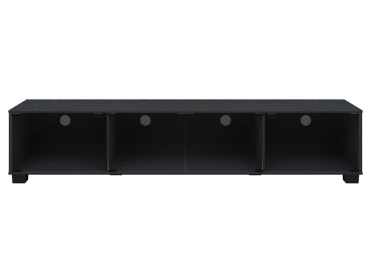 Rustic brown TV stand with black metal frame, featuring two open shelves and a spacious cabinet with barn-style doors, ideal for farmhouse-style living rooms.