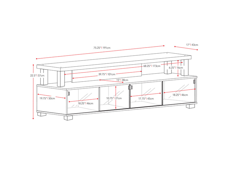 black Extra Wide TV Stand for TVs up to 95" Bromley Collection measurements diagram by CorLiving