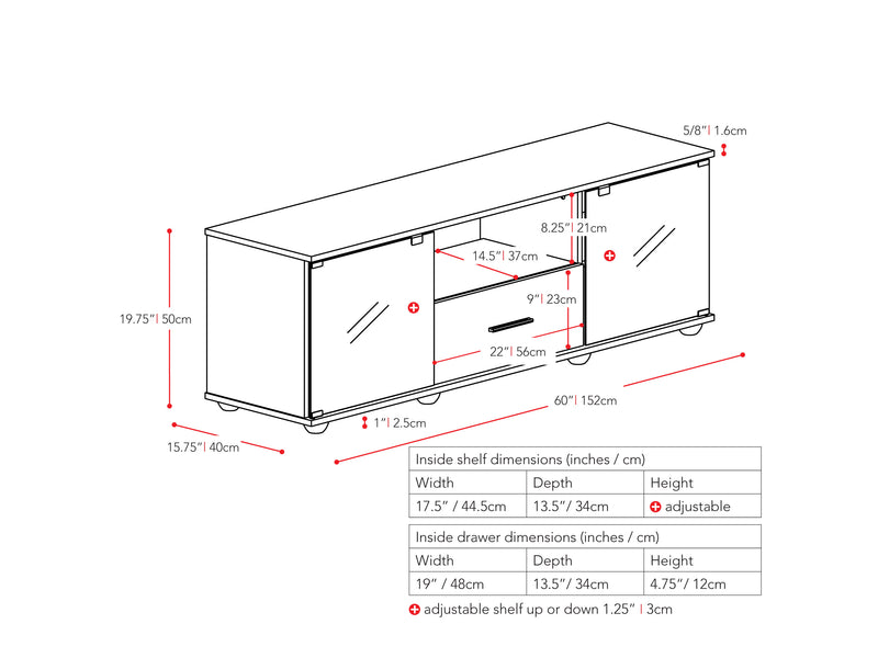 black TV Stand for TVs up to 75" Fernbrook Collection measurements diagram by CorLiving