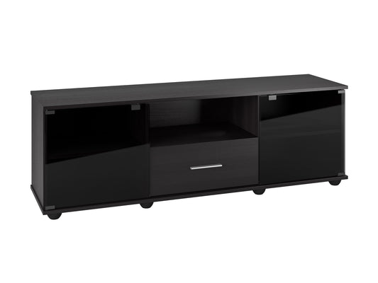Black TV stand for TVs up to 75 inches, featuring sleek modern design with ample storage, glass doors, and metal handles. Ideal for contemporary living rooms.