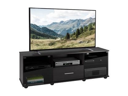 Modern black and walnut TV stand with sleek metal legs, three open shelves, and two cabinets with a smooth wood finish, perfect for contemporary living rooms.