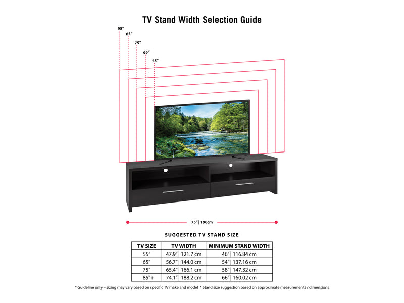 black TV Stand for TVs up to 95" Fernbrook Collection infographic by CorLiving
