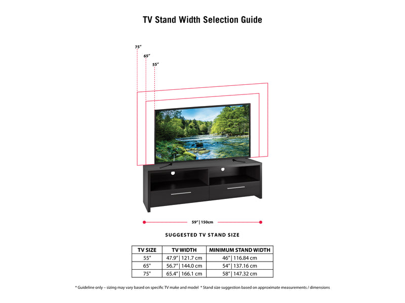 black TV Stand for TVs up to 75" Fernbrook Collection infographic by CorLiving