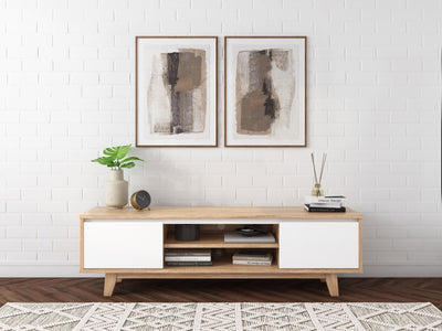 White and Brown Wood TV Stand for TVs up to 68" Fort Worth Collection lifestyle scene by CorLiving#color_fort-worth-white-and-brown