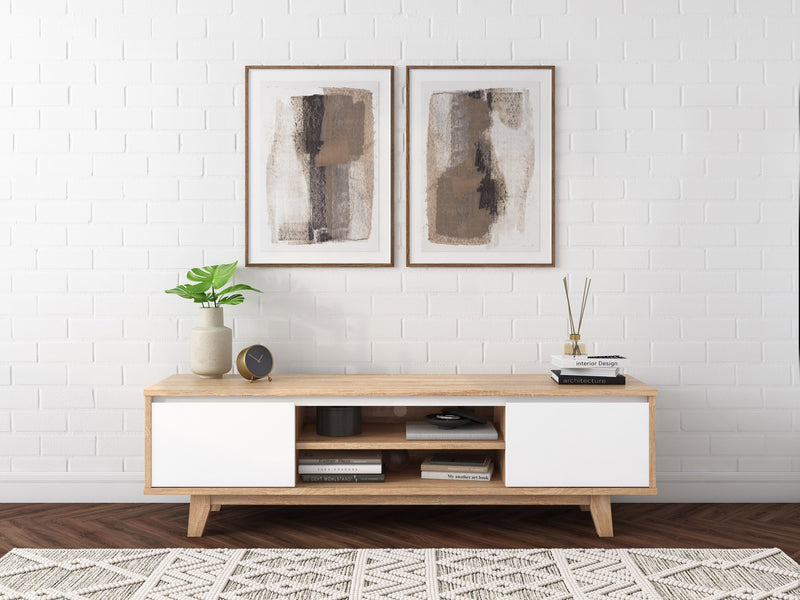 White and Brown Wood TV Stand for TVs up to 68" Fort Worth Collection lifestyle scene by CorLiving