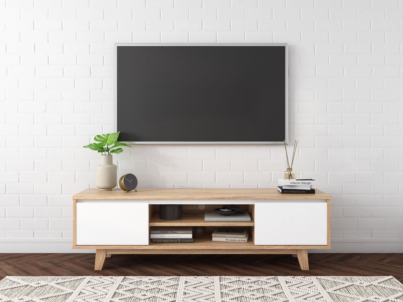 White and Brown Wood TV Stand for TVs up to 68" Fort Worth Collection lifestyle scene by CorLiving