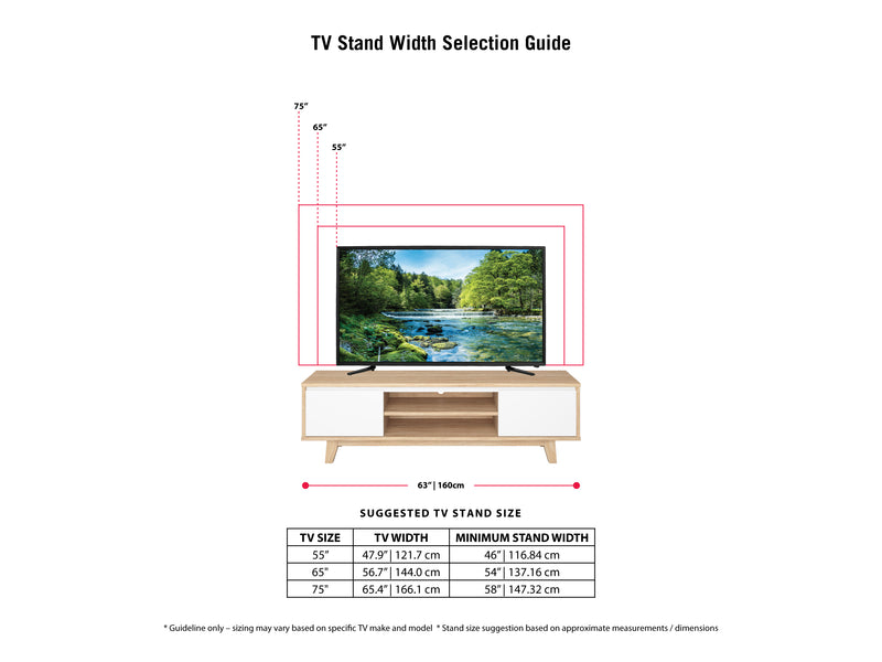 White and Brown Wood TV Stand for TVs up to 68" Fort Worth Collection infographic by CorLiving
