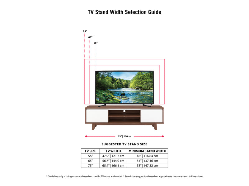 White and Dark Brown Wood TV Stand for TVs up to 68" Fort Worth Collection infographic by CorLiving
